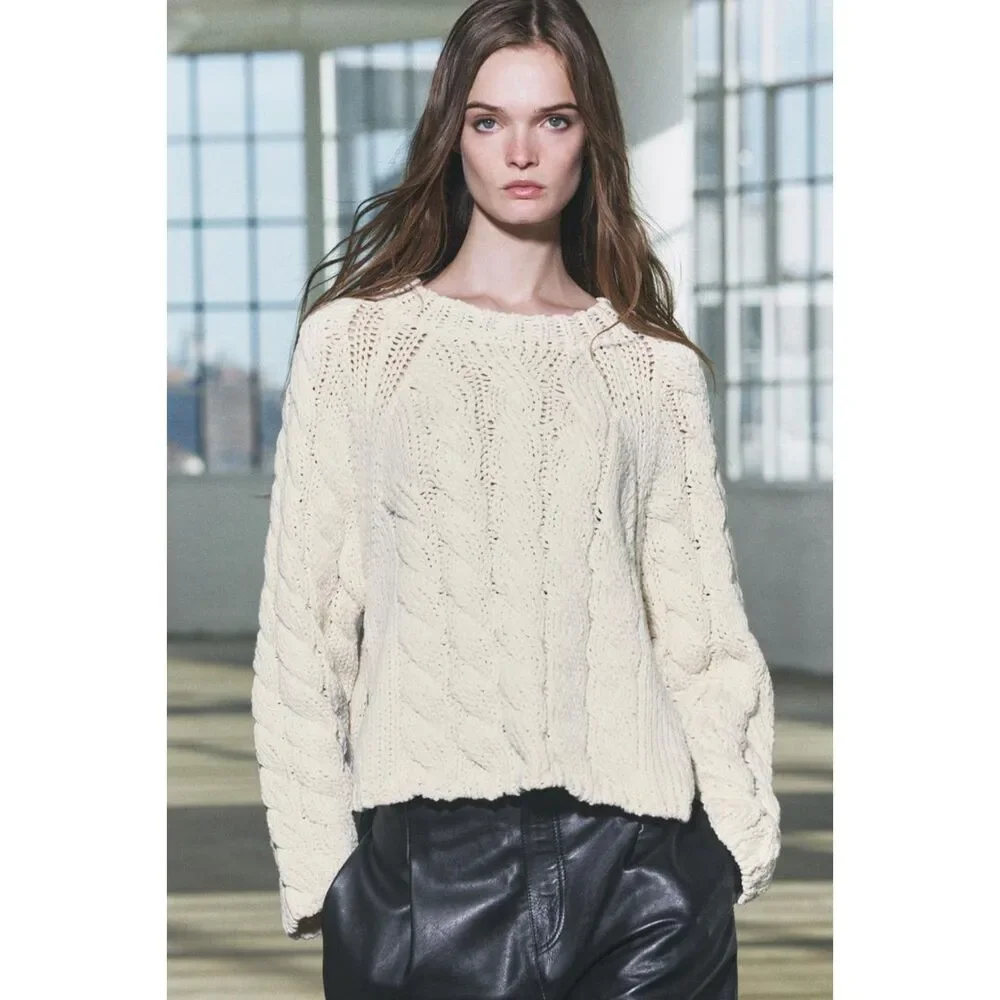 Cream Zara Side Vents Ties Chunky Knit Long Sleeve Pullover Sweater (NWT) - Picture 7 of 10